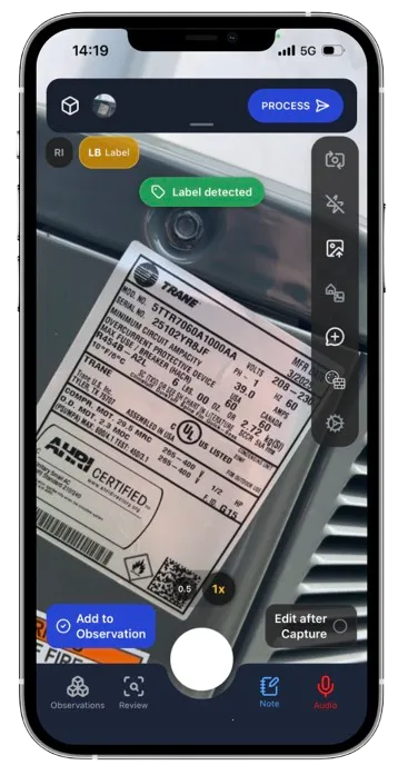 InspectionX camera detecting a Trane data plate label