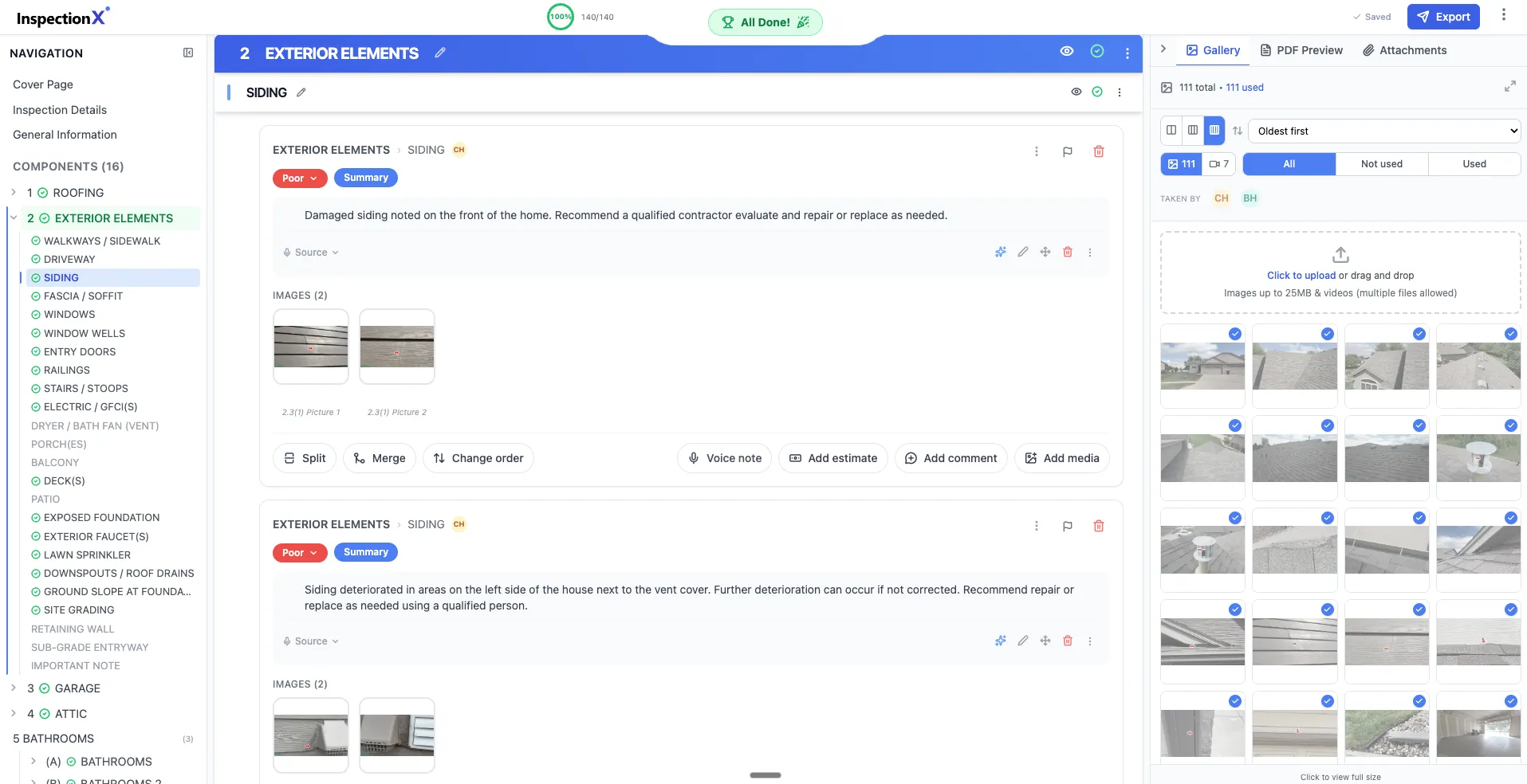 InspectionX report editor with navigation, observations, and photo gallery