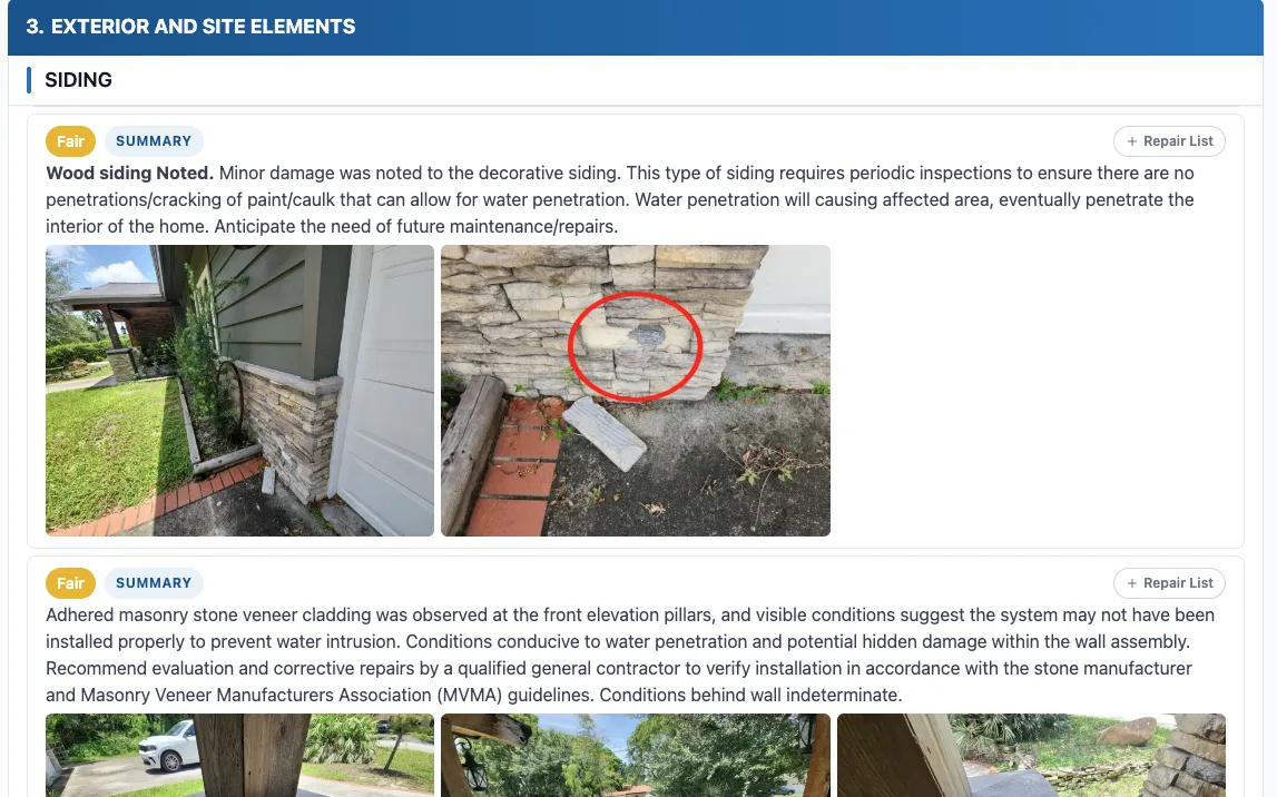 InspectionX sample report with photos, annotations, and repair list