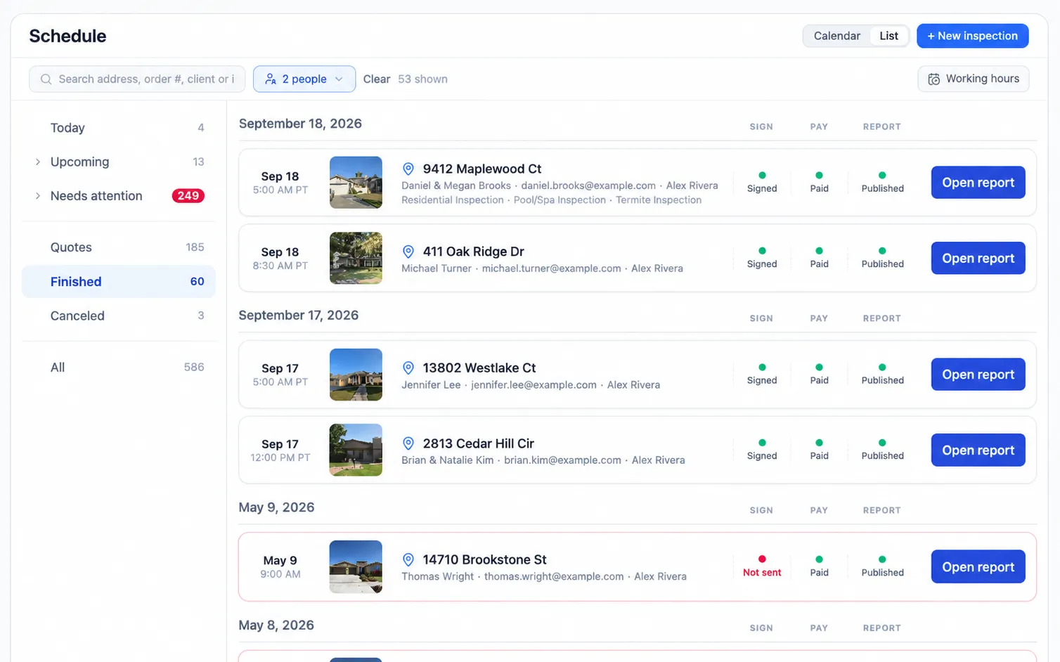 InspectionX scheduling list view