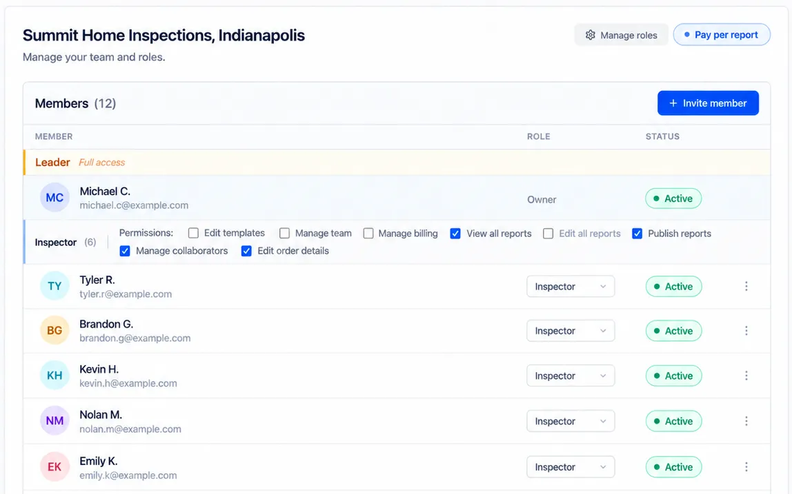 InspectionX team roles and permissions