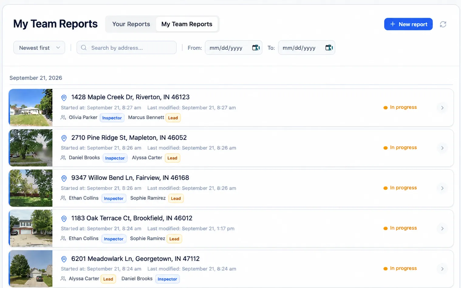 InspectionX My Team Reports view